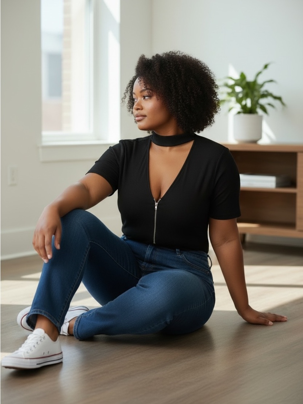 Black Ribbed Choker Zip-Front Bodysuit - Women